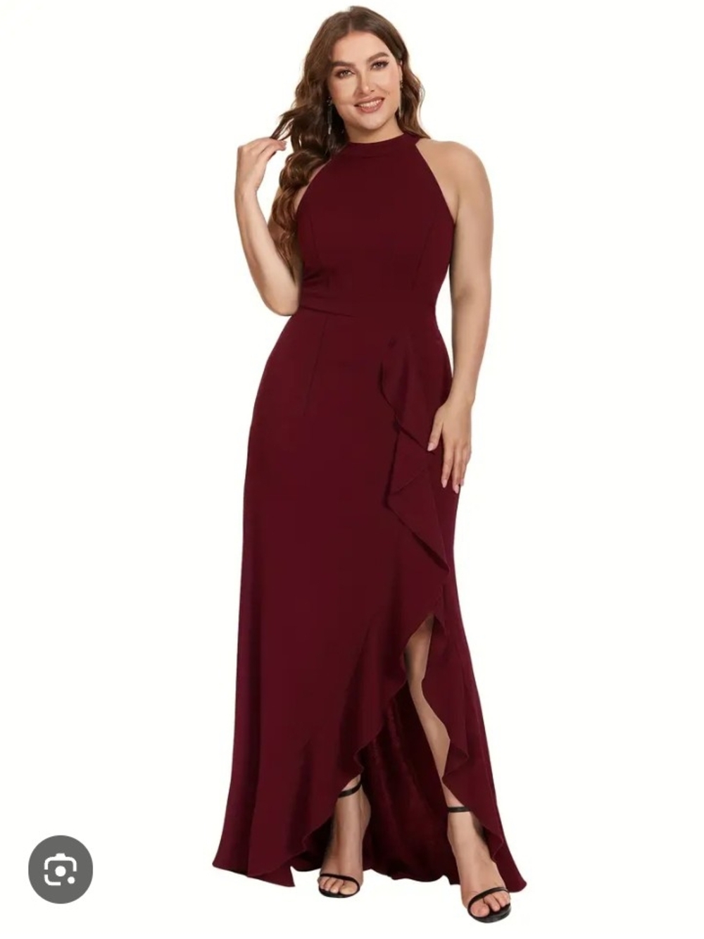 Plus-Size High Neck Ruffle Evening Gown in Burgundy